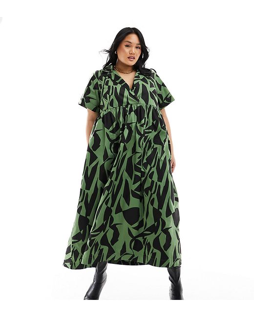 ASOS Curve DESIGN Curve smock midi shirt dress with camp collar khaki abstract print-
