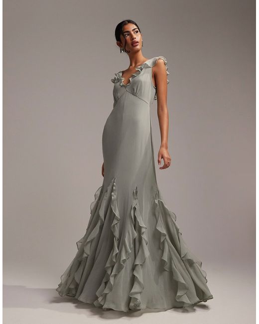 Asos Design Bridesmaids flutter sleeve bias maxi dress with flared frill hem sage