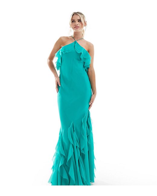 ASOS Petite DESIGN Petite ruffle halter bias maxi dress with hem turquoise-