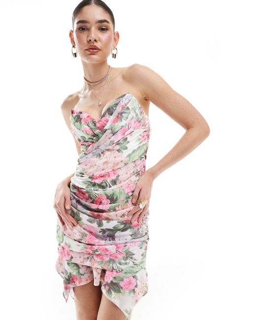 Asos Design corset ruched bandeau mini dress with disheveled hem floral print-