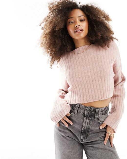 Bershka ribbed knitted cropped sweater dusty