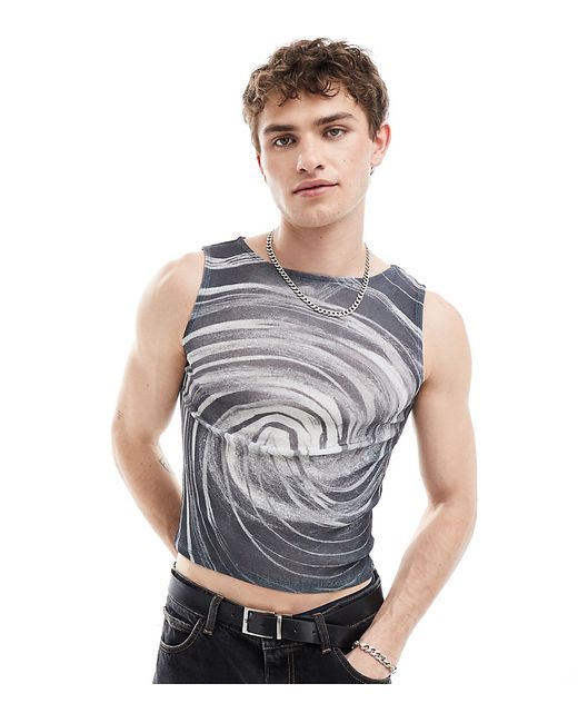 Collusion Printed muscle mesh tank top with swirl print-