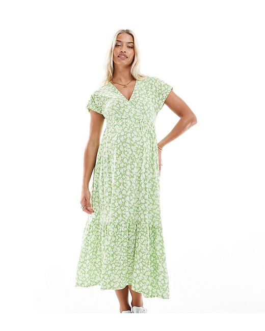 Mama.licious Maternity v neck midi dress green floral print-