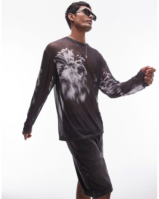 Topman oversized fit long sleeve mesh t-shirt with floral print