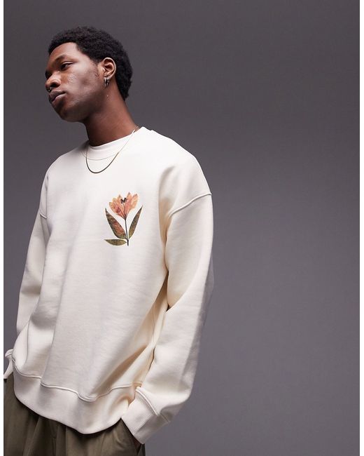Topman oversized fit sweatshirt with front and back pressed flower ecru-