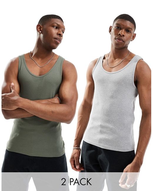 Asos Design 2 pack ribbed tank tops olive and heather gray-