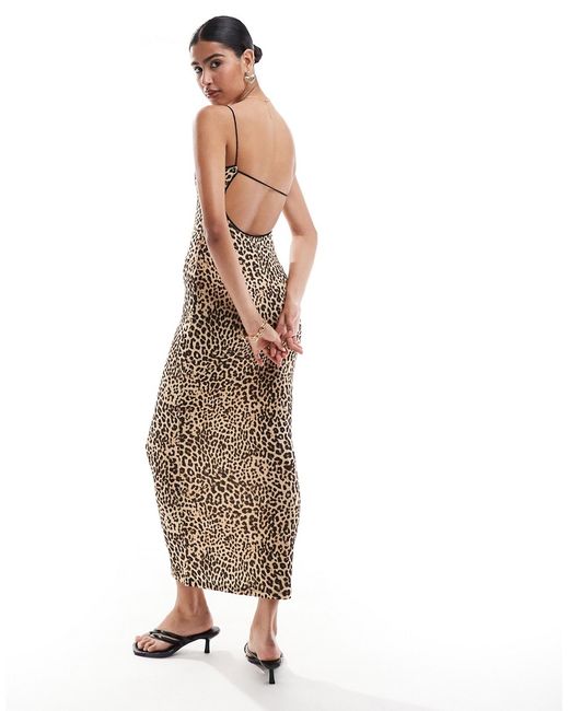 Bershka contrast trim strappy maxi dress leopard print-