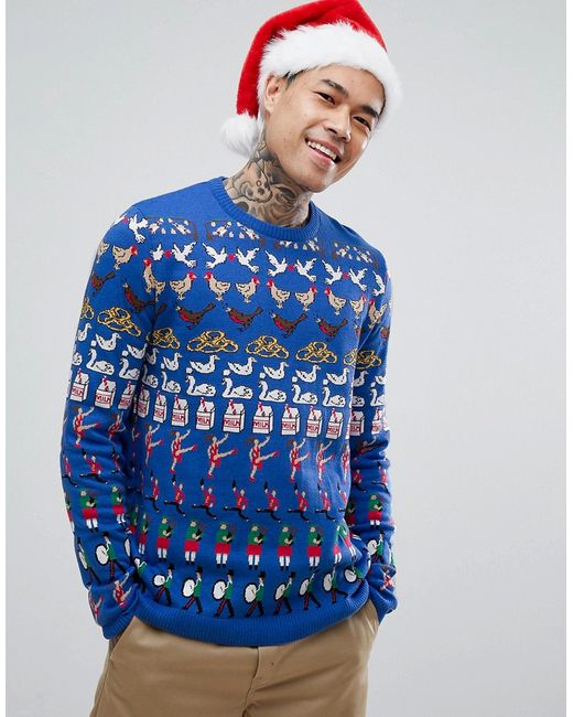 Asos Design Holidays Sweater With All Over Design Cobalt-