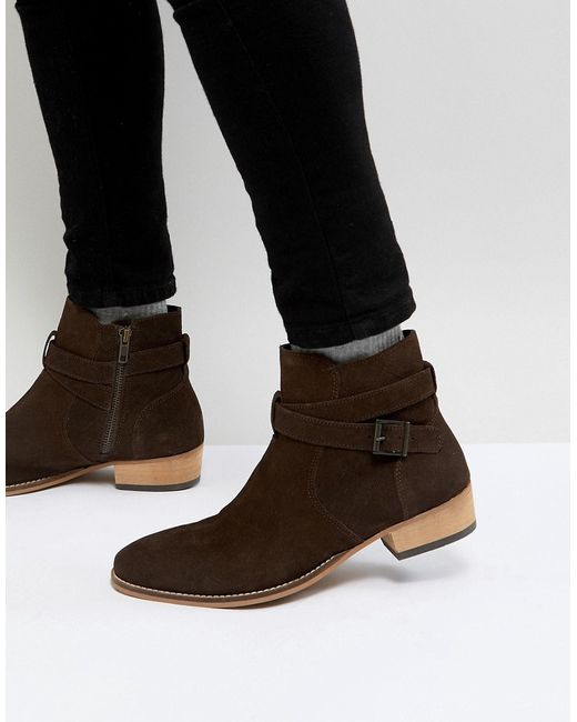 Asos Design stacked heel western chelsea boot suede with strapping Detail
