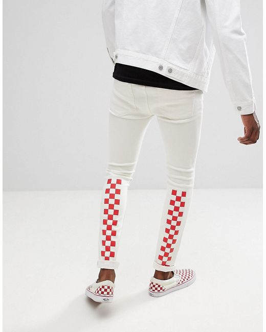 Asos Design super skinny jeans white with red checkerboard print-