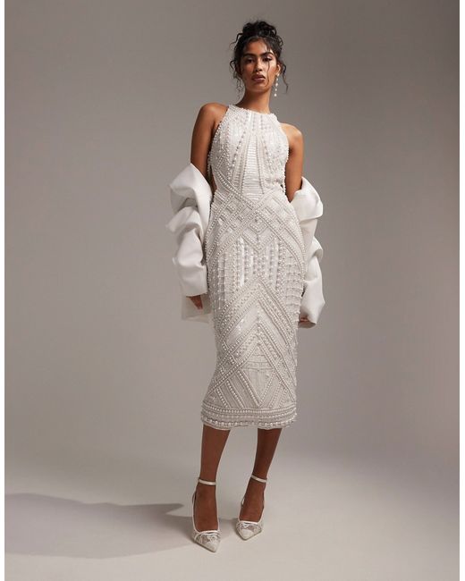 Asos Design pearl and sequin embellished halter midi dress ivory-