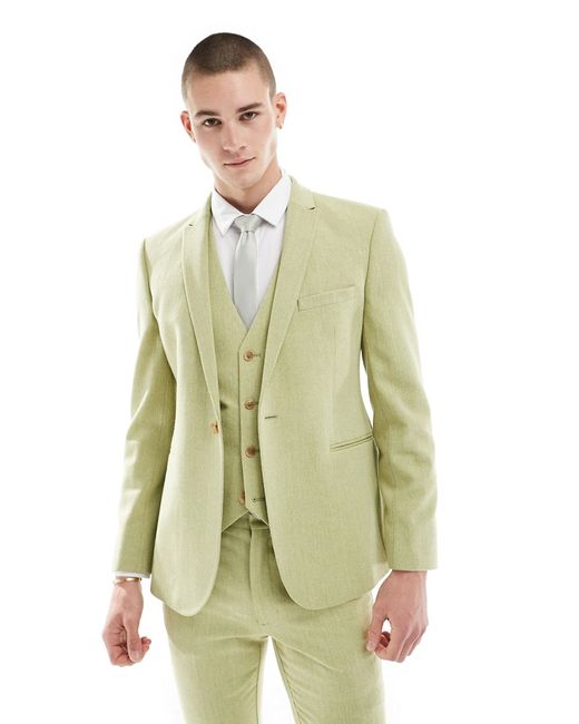 Asos Design wedding skinny wool mix suit jacket olive basketweave texture-