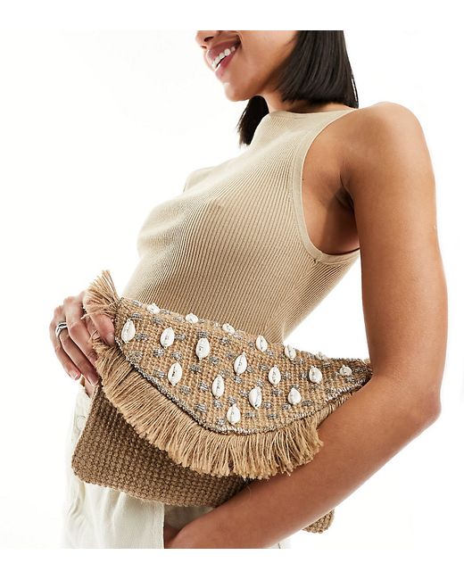 Glamorous embellished shell beachy clutch bag natural-