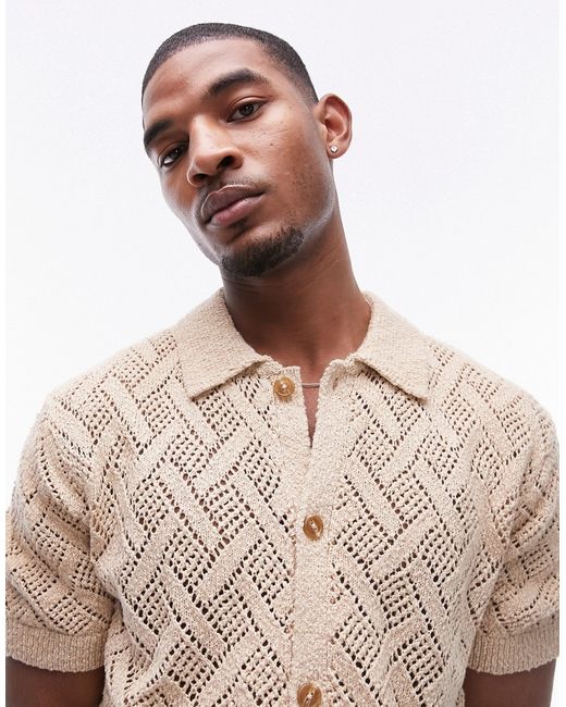 Topman crochet button up shirt stone-
