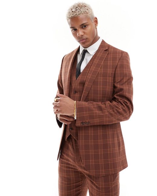 Asos Design super skinny suit jacket stone tonal plaid-