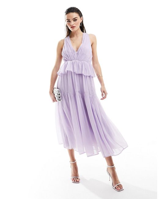 Asos Design plunge pleated tiered midi dress dusky lilac-