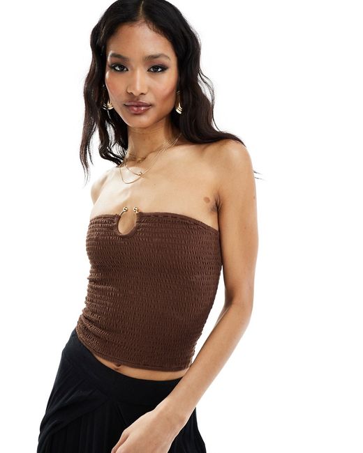 Asos Design shirred bandeau top with ring detail chocolate-