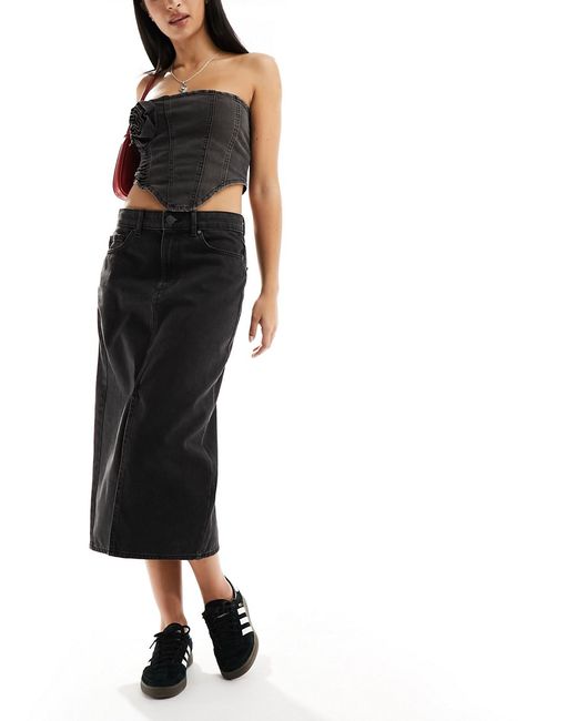Only denim midi skirt with front split washed