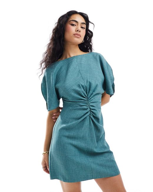 Asos Design linen-look flutter sleeve mini dress with ruching detail spearmint-