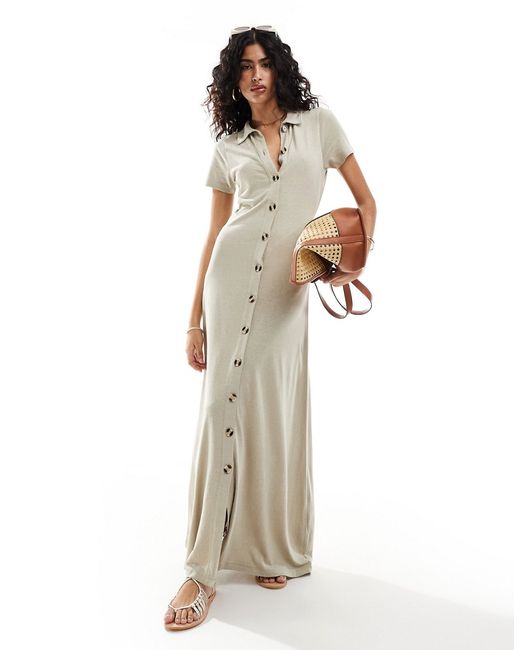Asos Design collared linen look maxi tea dress with button front stone-