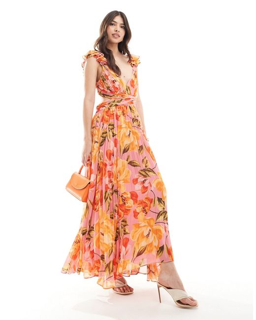 Ever New cut-out plisse maxi dress orange and pink floral-