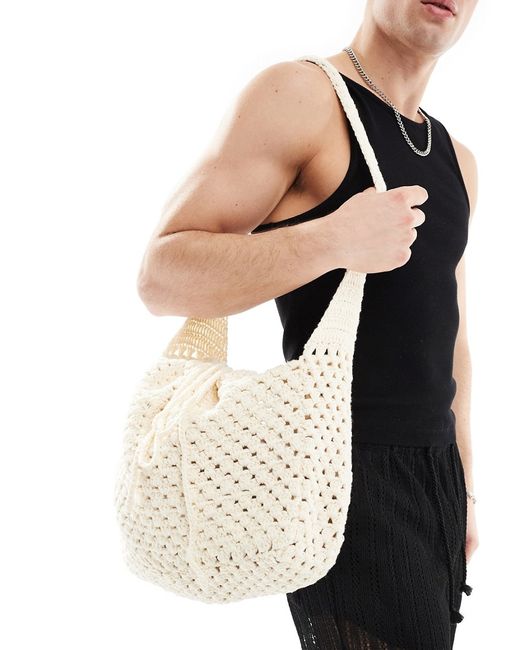 Asos Design crochet tote bag with ruched closure cream-