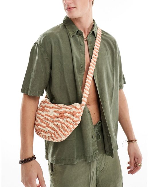Asos Design crochet cross body bag orange and ecru-