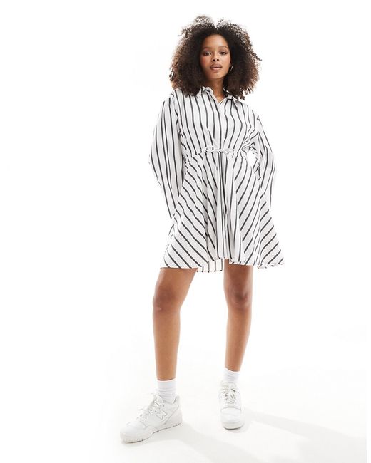 Asos Design mini shirt dress with ruched belt detail mono stripe-