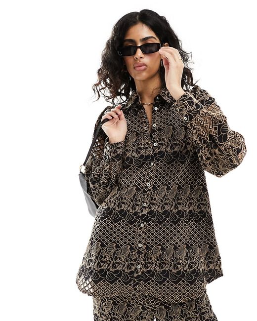 Y.A.S eyelet oversized shirt black and deep beige part of a set-
