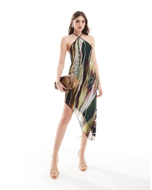 Asos Design halter midi dress with asymmetric hem mixed animal print-