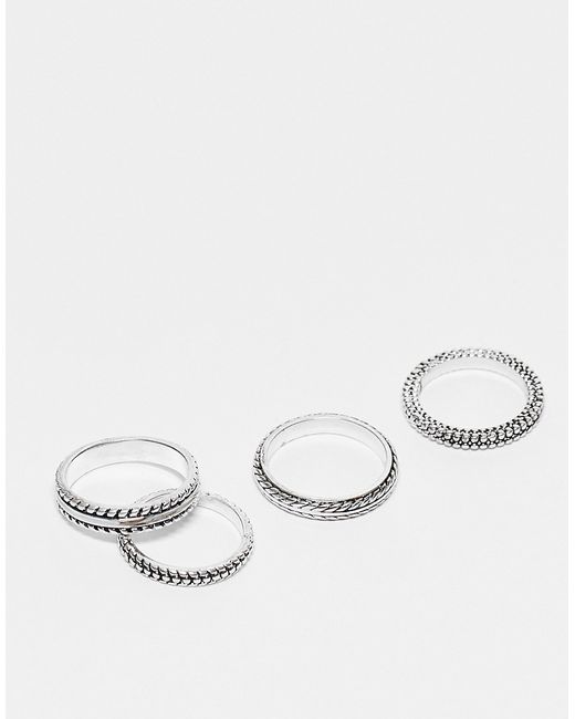 Asos Design 4 pack skinny band ring set with embossed details tone