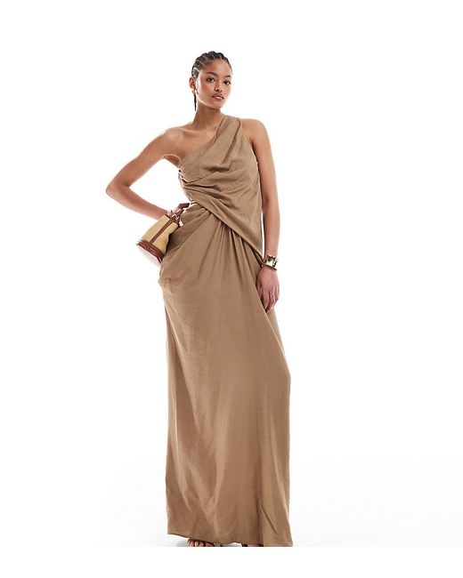 ASOS Tall DESIGN Tall one shoulder draped maxi dress with full skirt taupe-