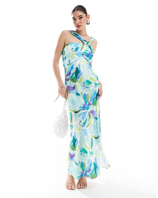 Asos Design satin drape twist strap maxi dress bold floral print-