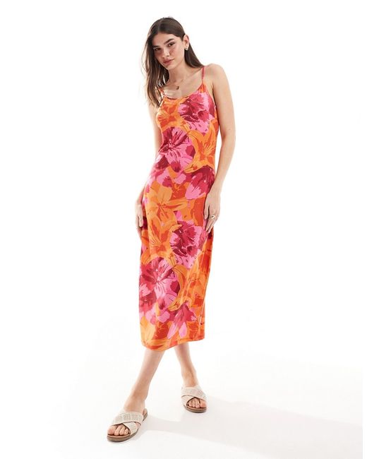 Vila jersey midi cami dress oversized orange and pink floral-