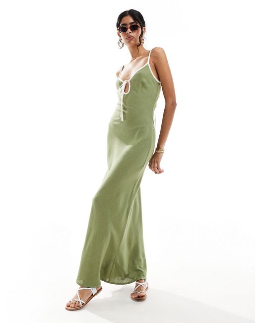 Asos Design linen look slip dress with contrast binding khaki-