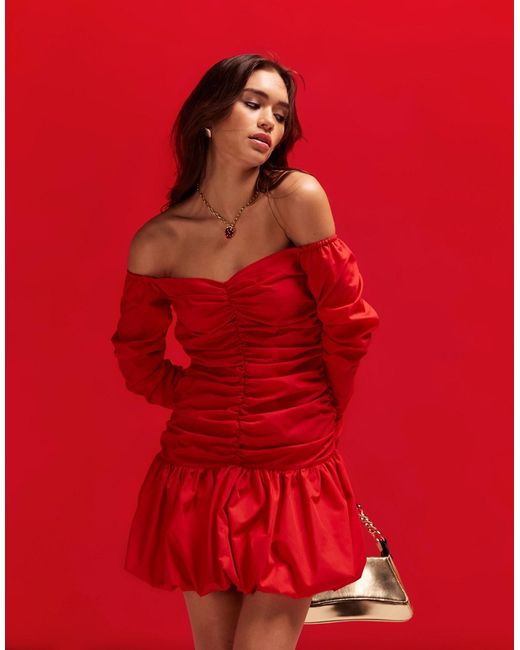 Asos Design off-the-shoulder ruched bodice mini dress with puffball skirt