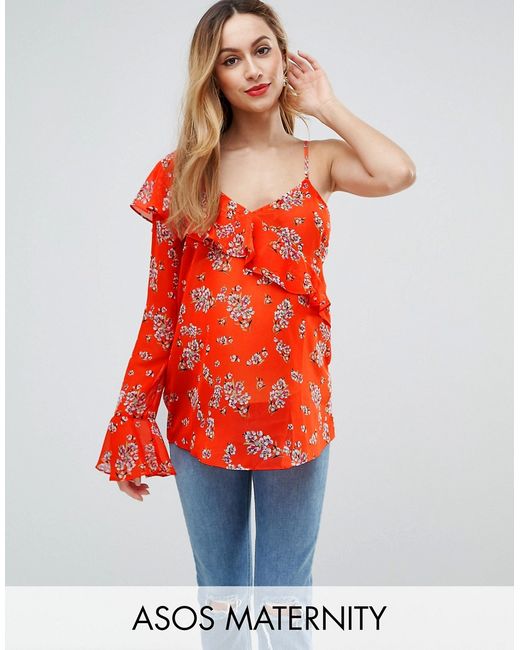 ASOS Maternity One Shoulder Ruffle Blouse in Bright
