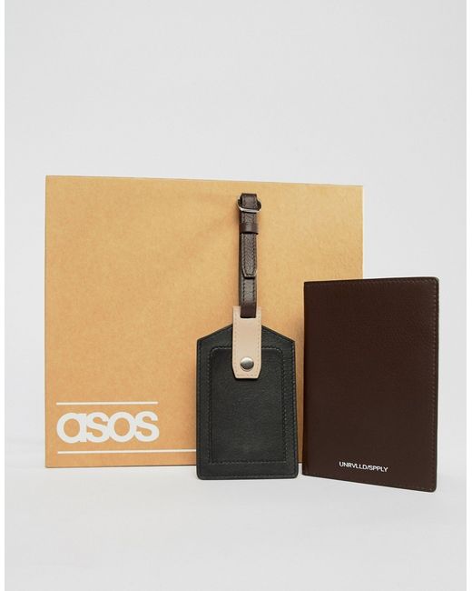 Asos Design leather luggage tag and passport cover in neutral color
