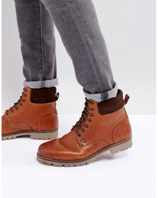Asos Lace Up Worker Boots In Leather