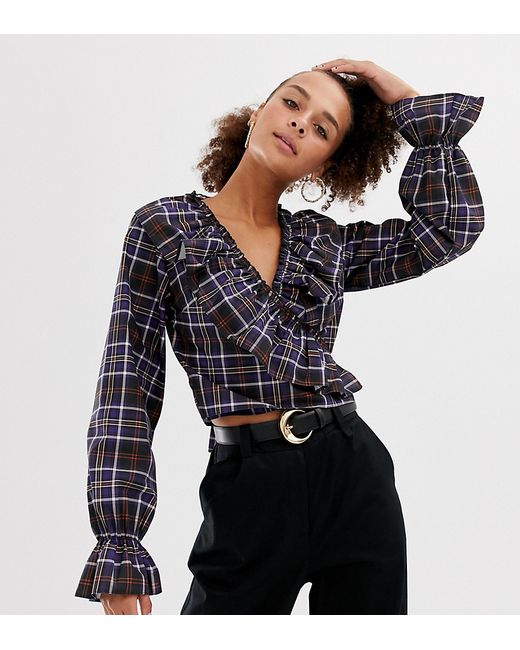 Collusion wrap blouse with ruffle in check