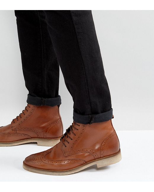 Asos Wide Fit Lace Up Brogue Boots In Leather With