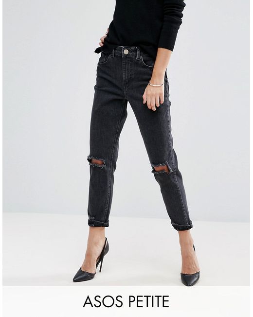 ASOS Petite Farleigh Slim Mom Jeans In Washed With Busted