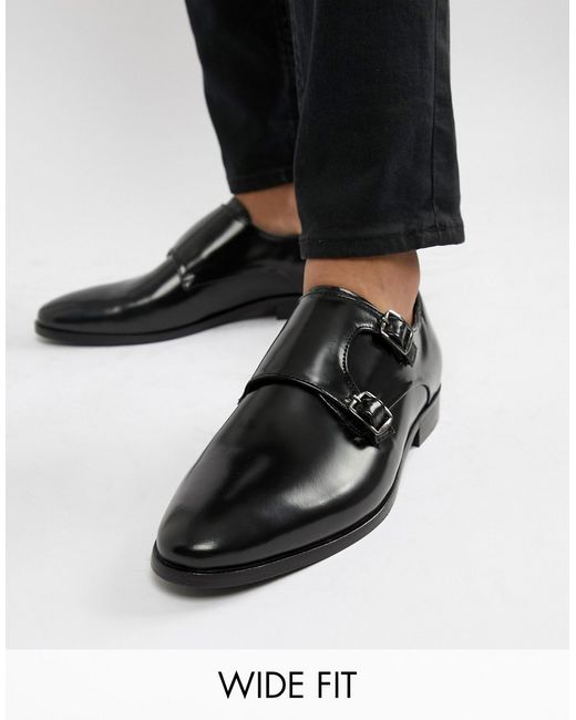 Dune Wide Fit Monk Shoes In Hi-Shine Leather