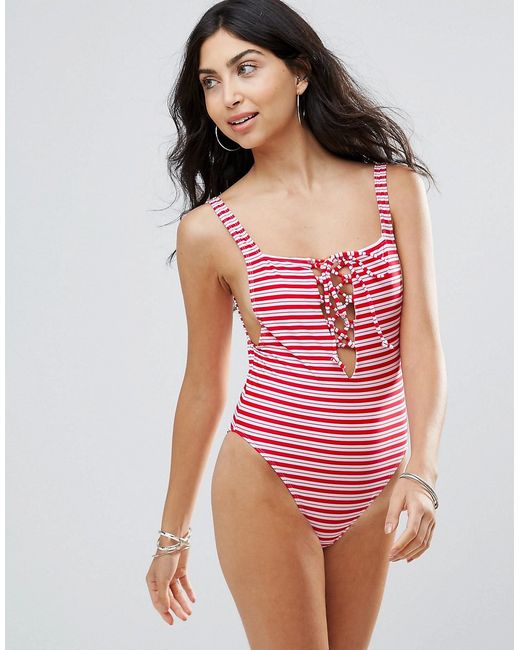 Motel Stripe Lace Up Swimsuit