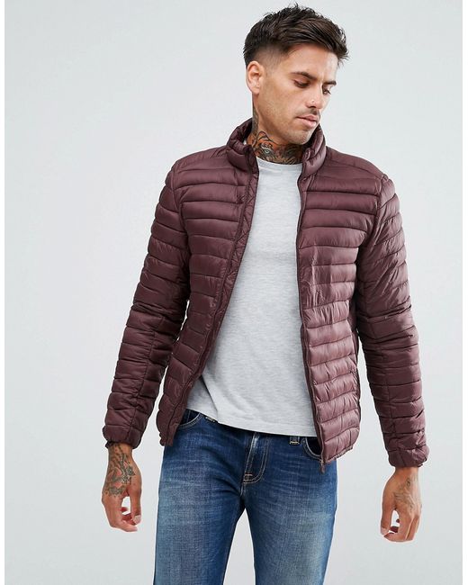 Pull & Bear Quilted Jacket In Burgundy