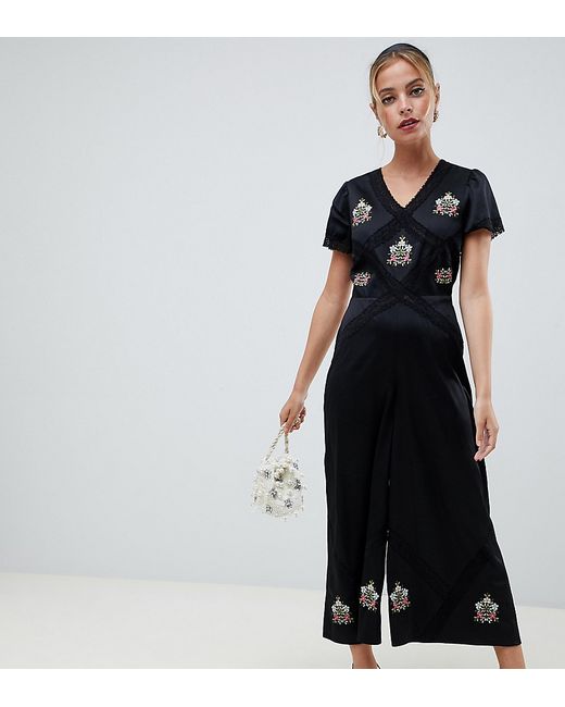 ASOS Petite ASOS DESIGN Petite tea jumpsuit with embroidery and lace insert