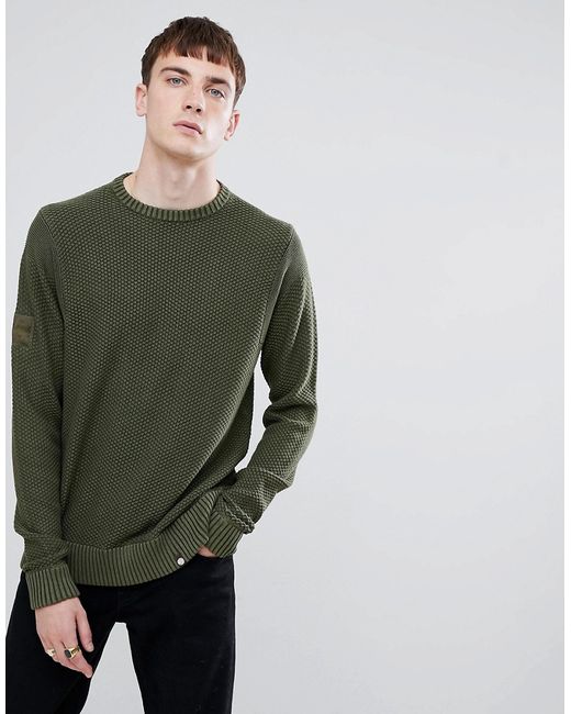 Pretty Green textured crew neck sweater in khaki