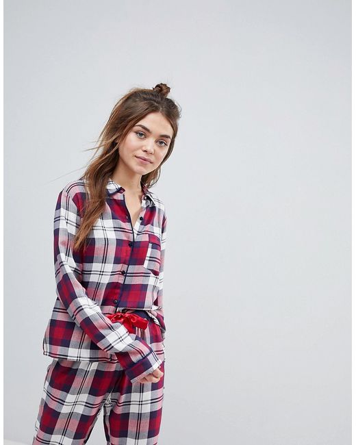 Asos Mix Match Check Embroidered Pajama Shirt