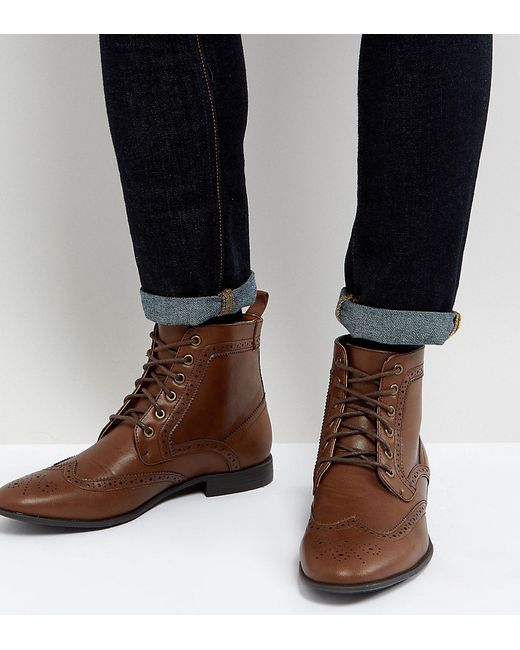 Asos Wide Fit Brogue Boots In Faux Leather