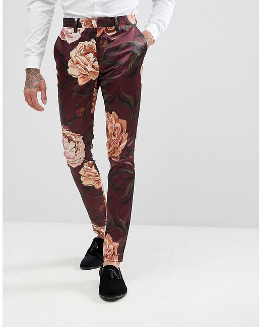 Asos Super Skinny Suit Pants In Burgundy Print Sateen